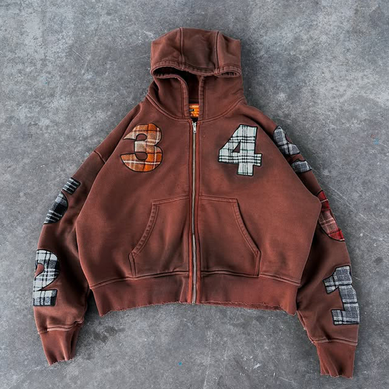 custom embroidery hoodie Men Vintage Zip up applique embroidery hoodie